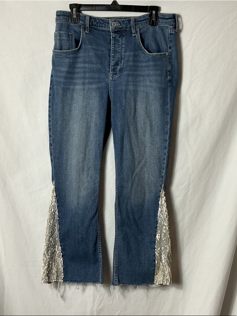 Pilcro and the Letterpress Blue Denim Flare Jeans with Silver Sequin Insets